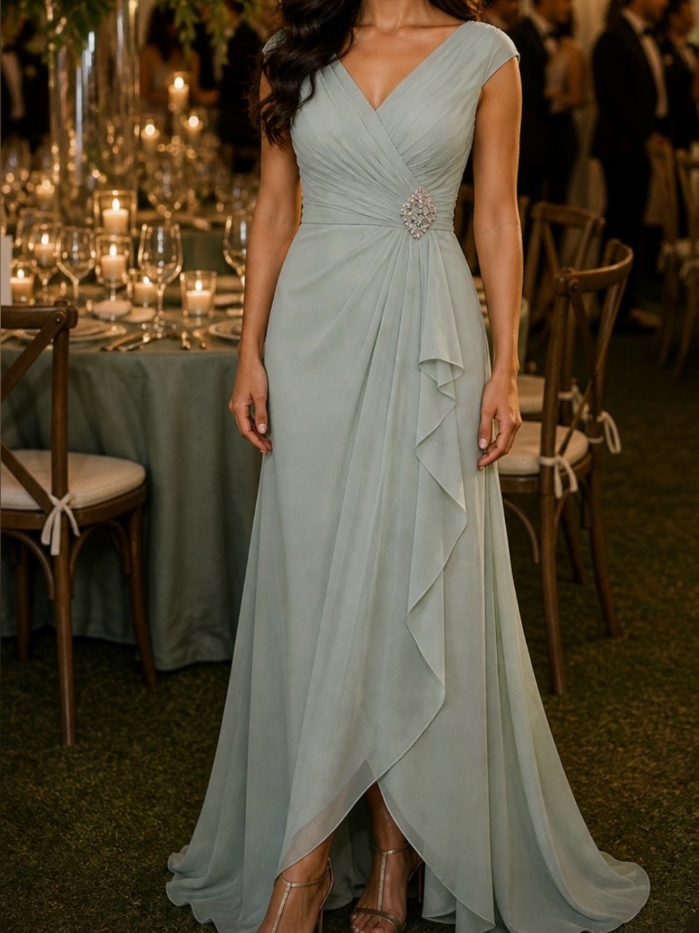 Elegant Sage Green Chiffon Evening Gown